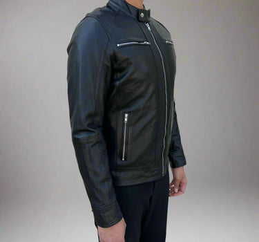 Men’s Sheep Leather Jacket. 4-Pocket, Stand Snap Collar & Silver Zippers