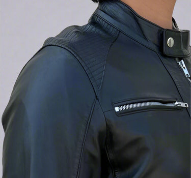 Men’s Sheep Leather Jacket. 4-Pocket, Stand Snap Collar & Silver Zippers