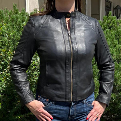 Veste en cuir d'agneau pour femme avec épaules surpiquées