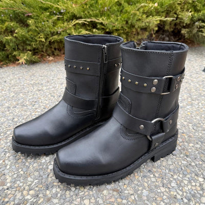 Women's Motorcycle Biker Leather Boots. Black Cowhide with Studded Straps & Side Zip