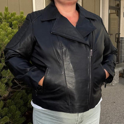 Women's Lamb Leather Biker Jacket with Quilted Ribbed Shoulders