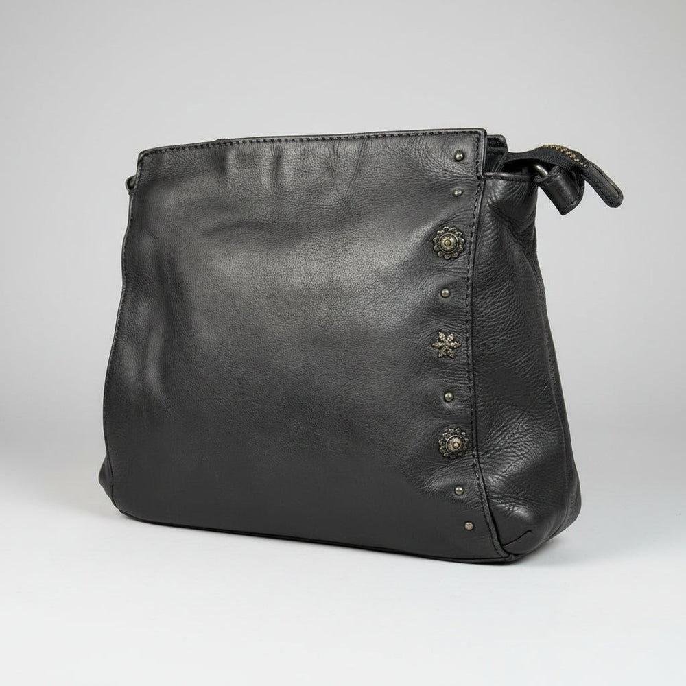 Sac bandoulière pour femme MET en cuir de vachette avec poche avant zippée et détails cloutés