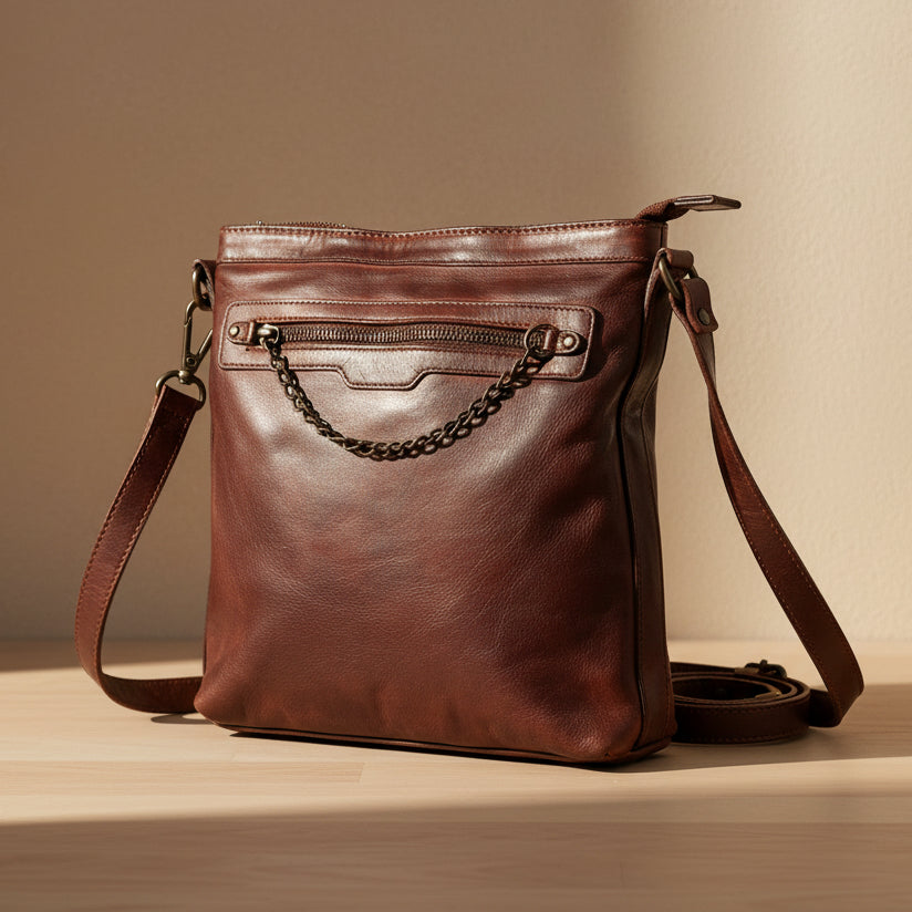 Sac bandoulière en cuir de vachette de qualité supérieure MET avec chaîne et fermeture éclair