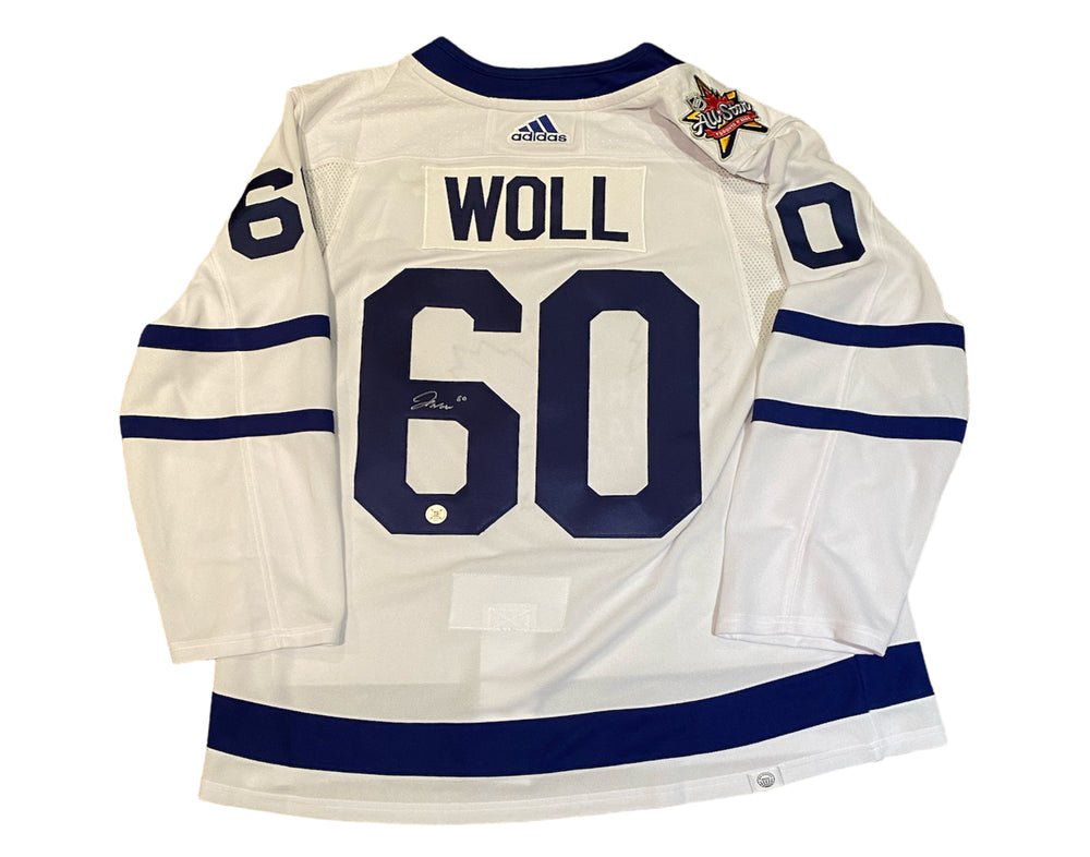 Maillot Adidas blanc autographié Joseph Woll des Maple Leafs de Toronto (extérieur) avec écusson ASG 2024