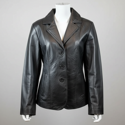 Veste en cuir surpiquée coupe blazer pour femme