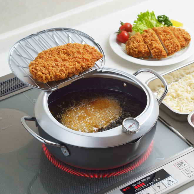 Yoshikawa GOGI Marmite à Tempura 24 cm – Avec couvercle égouttoir en acier inoxydable