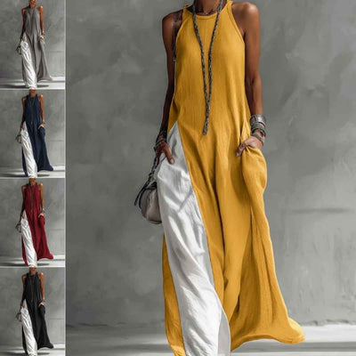 Robe Longue d'été pour Femme, Style débardeur, couleur bloc, style trapèze, col licou, avec poches, fente latérale, coupe ample décontractée