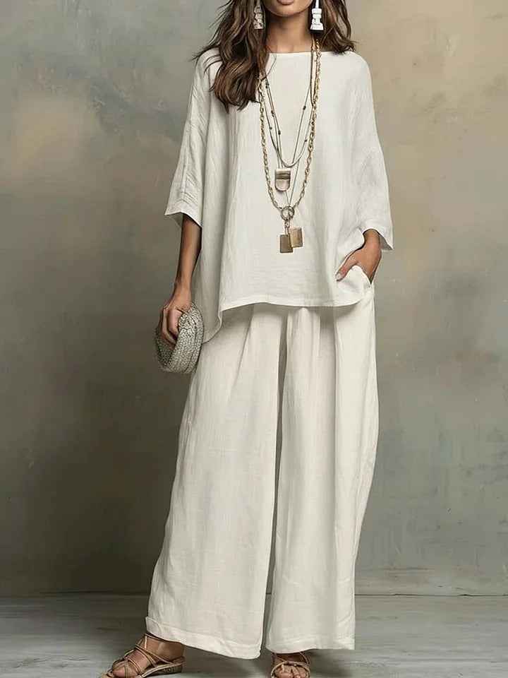 Ensemble deux pièces : chemise ample en mélange de lin et pantalon à jambe large
