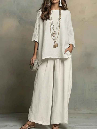Loose Fit Linen Blend Shirt & Wide Leg Pants Two-Piece Set