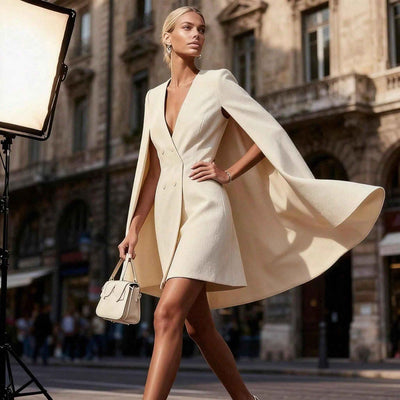 Robe mini blazer cape élégante pour femmes, robe de soirée de luxe croisée à col en V avec épaules structurées et manches cape fluides.
