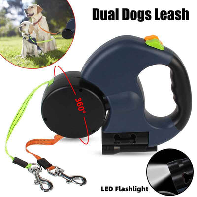 Laisse double rétractable et réfléchissante pour petits chiens, pivotante à 360°, avec éclairage intégré