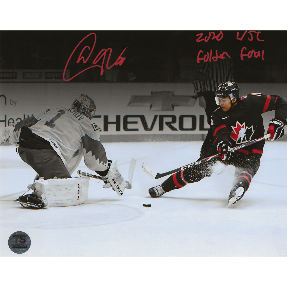 Photo 8x10 autographiée par Akil Thomas (Équipe Canada, Mondiaux juniors 2020), but en or, avec l'inscription « 2020 WJC Golden Goal »