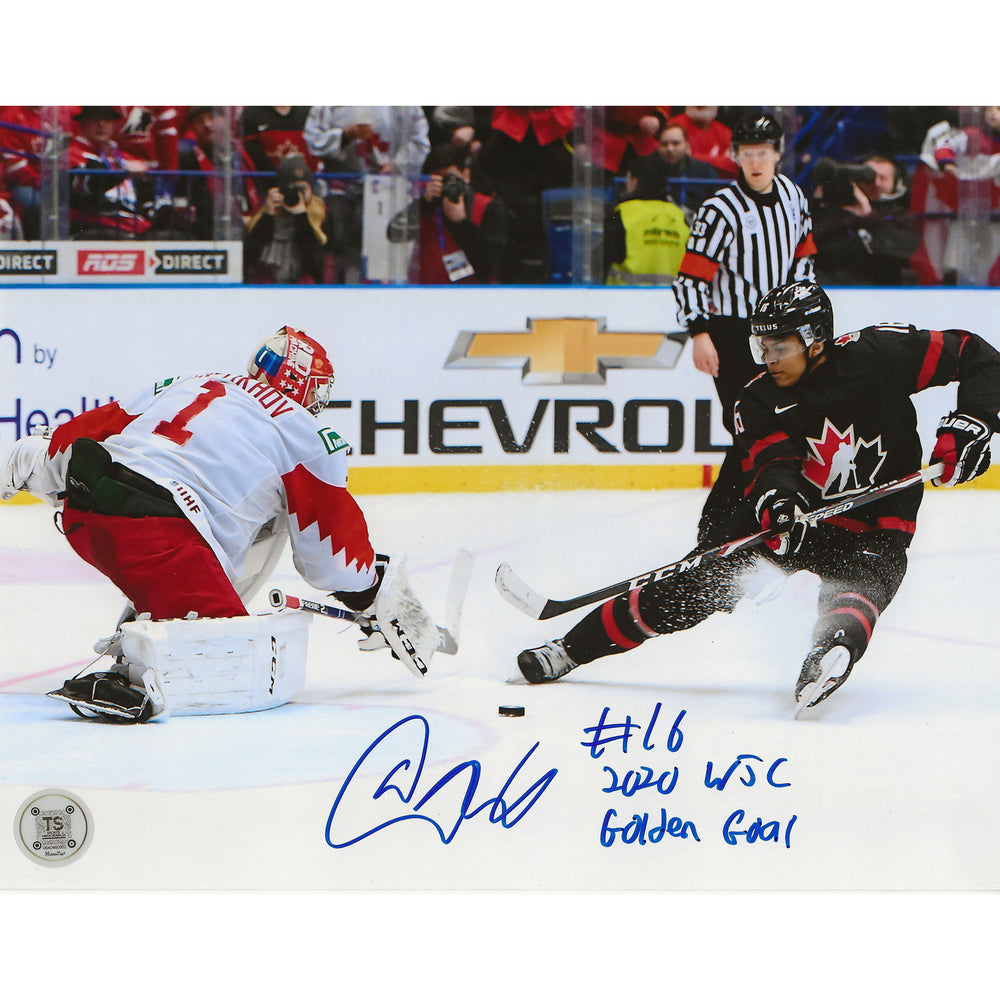 Photo 8x10 d'Akil Thomas autographiée Équipe Canada, Championnat du monde junior 2020, but en or, avec l'inscription « 2020 WJC Golden Goal »