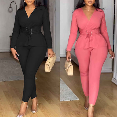 Women's V-Neck Two Piece Set – Long Sleeve Top and Pants Elegant Workwear Outfit