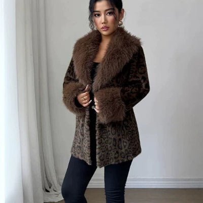 Faux Fur Leopard-Print Mink-Style Padded Long Coat