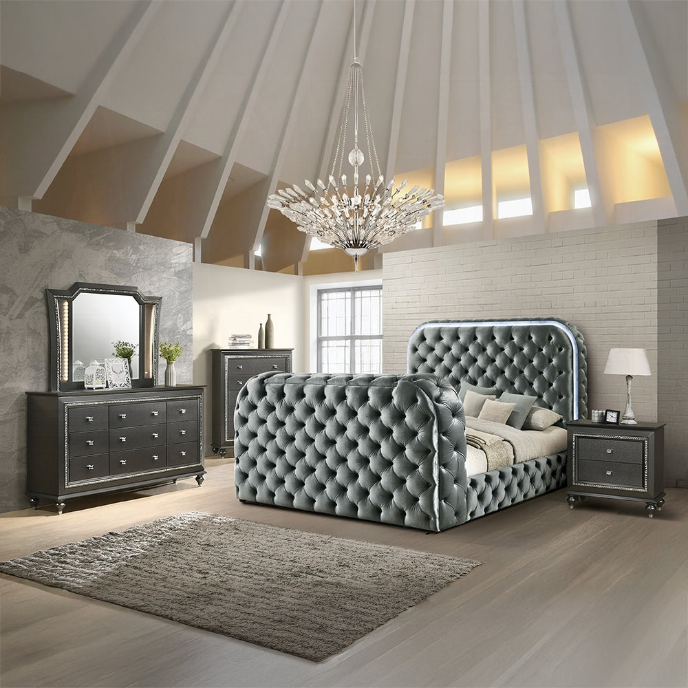 Lit plateforme intelligent Tagus avec LED/ Foyer/ Support TV - Gris