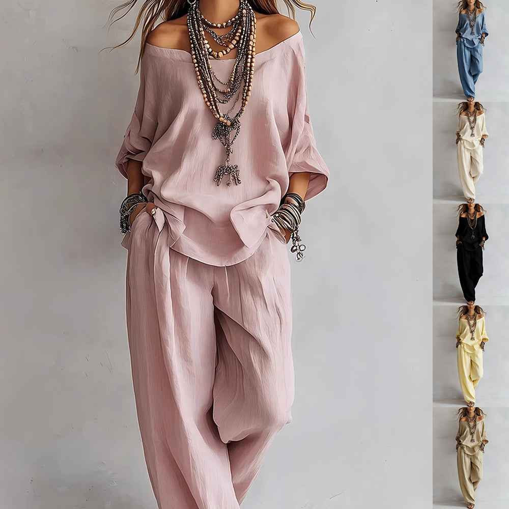 Off-shouder Suits Fashion Three-quarter Sleeves Top And Loose Pockets Wide-Leg Pants Set Women's Clothing