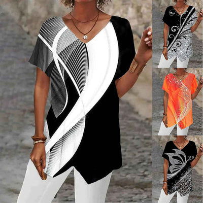 Haut d'été imprimé à manches courtes asymétriques pour femmes, style européen et américain