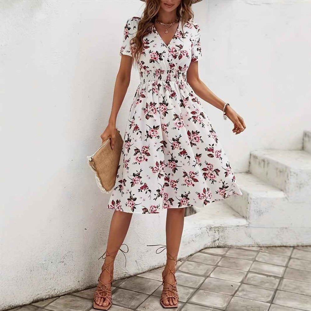New Short Sleeve Cross Collar Dress Elastic Waist Printed Dress