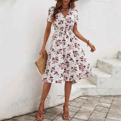 Nouvelle robe imprimée à manches courtes, col croisé et taille élastique