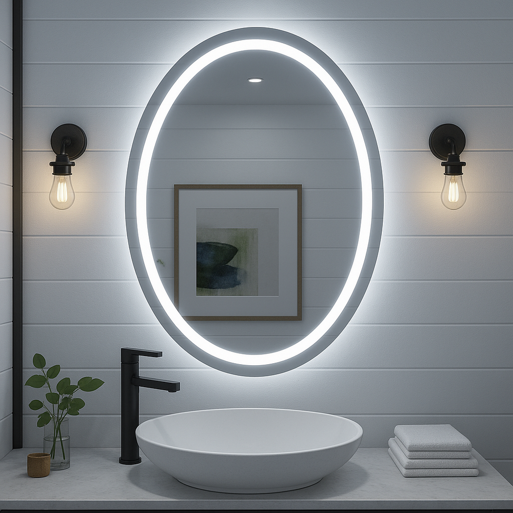 Miroir de salle de bain Ondelle ovale à DEL — Anneau éclairé par l'avant + Halo rétroéclairé, antibuée | 24″×32″, 30″×36″