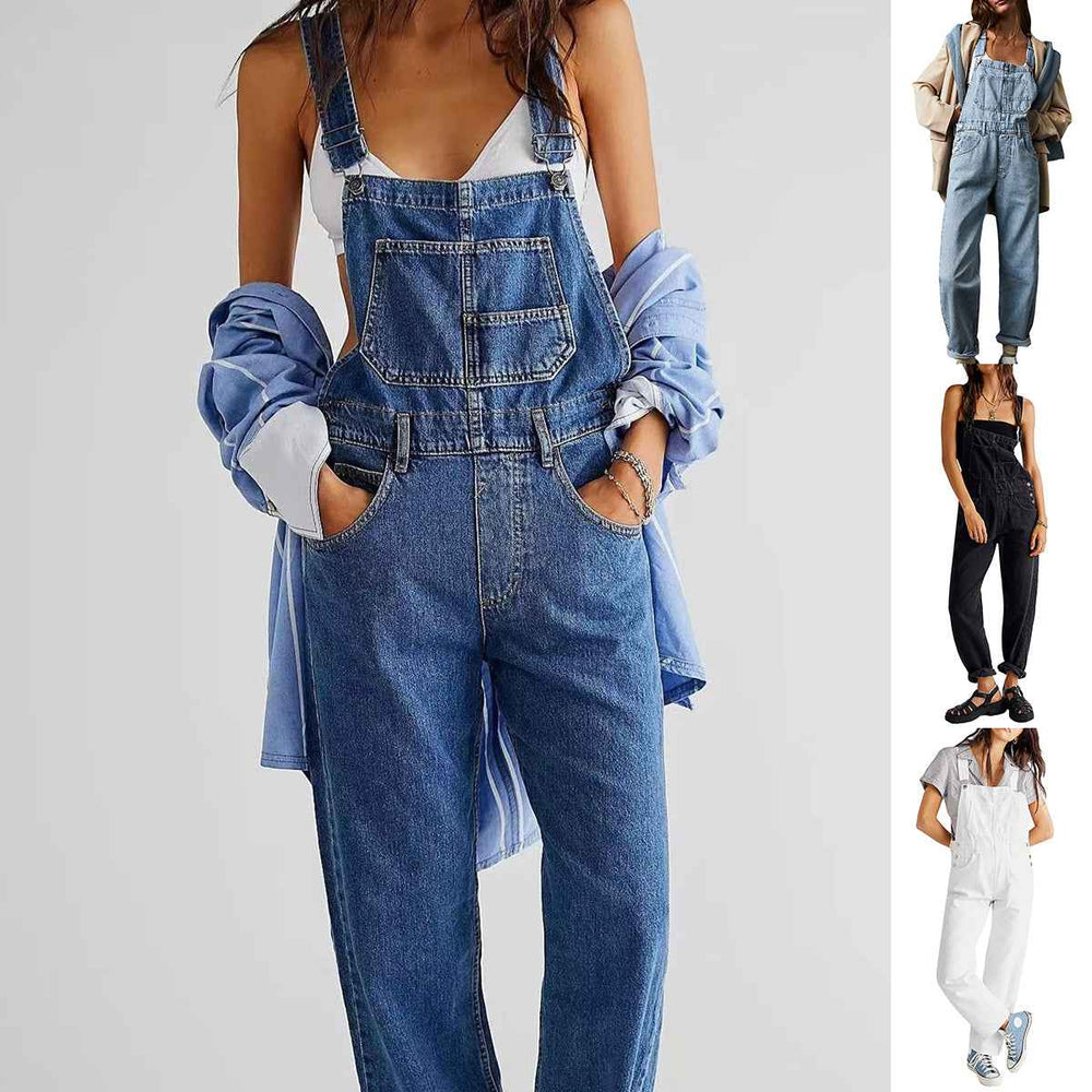 Women's High-Waisted Jumpsuit Overalls With Pockets Loose Fit Denim Trousers Casual Straight Leg Pants