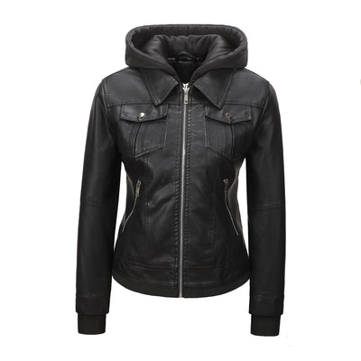 Veste de style moto en cuir synthétique pour femmes avec capuchon amovible – Manteau de motarde ajusté à la taille