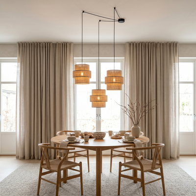 Suspension CALISTO JUTE à 3 lumières pour tables de salle à manger, cages d'escalier et hauts plafonds