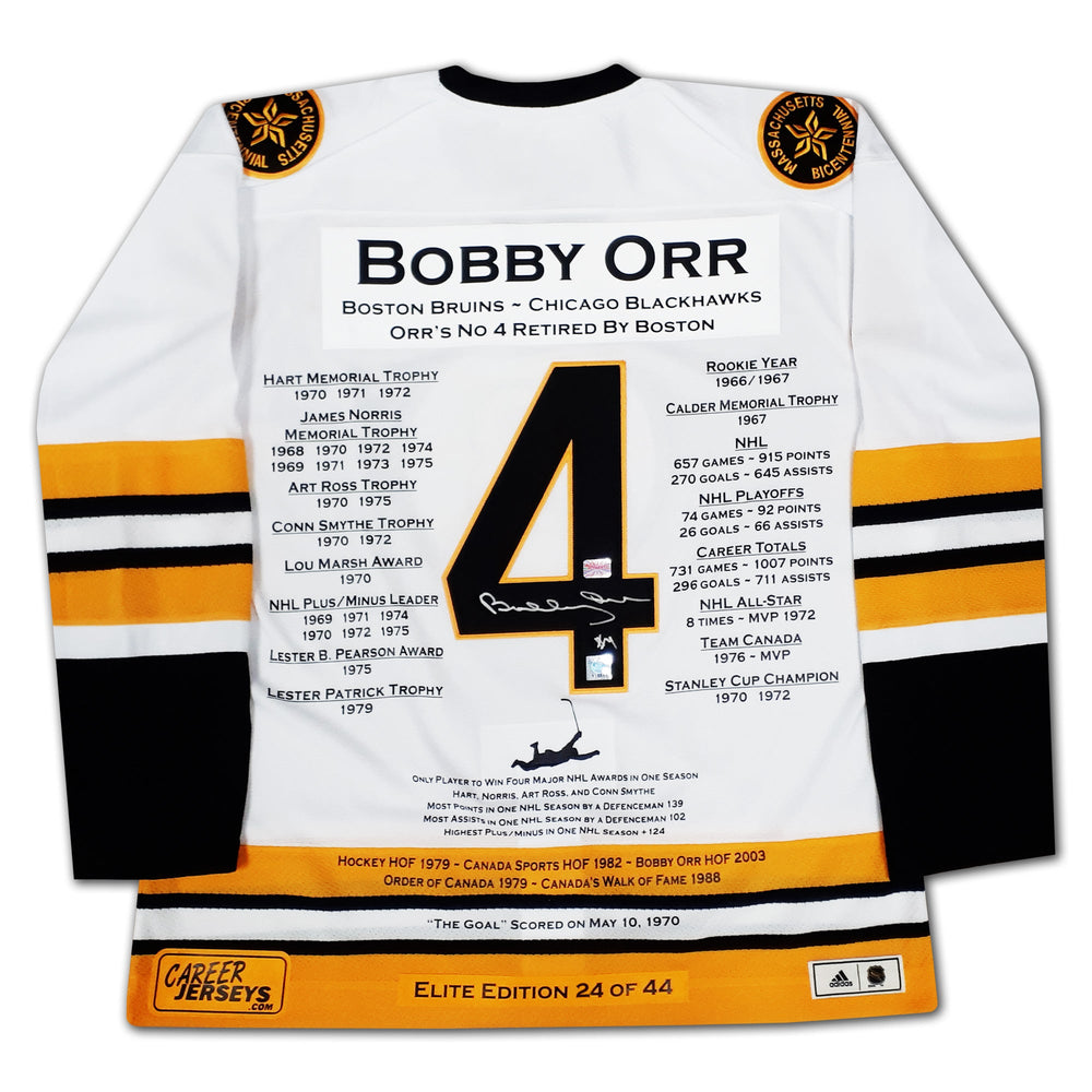 MAILLOT DE CARRIÈRE BOBBY ORR BOSTON BRUINS – ÉDITION ÉLITE BLANCHE – OBJET DE COLLECTION AUTOGRAPHÉ – ÉDITION LIMITÉE /44 – ARTICLES DE COLLECTION LNH AUTHENTIFIÉS GNR (TAILLE L OU XL)
