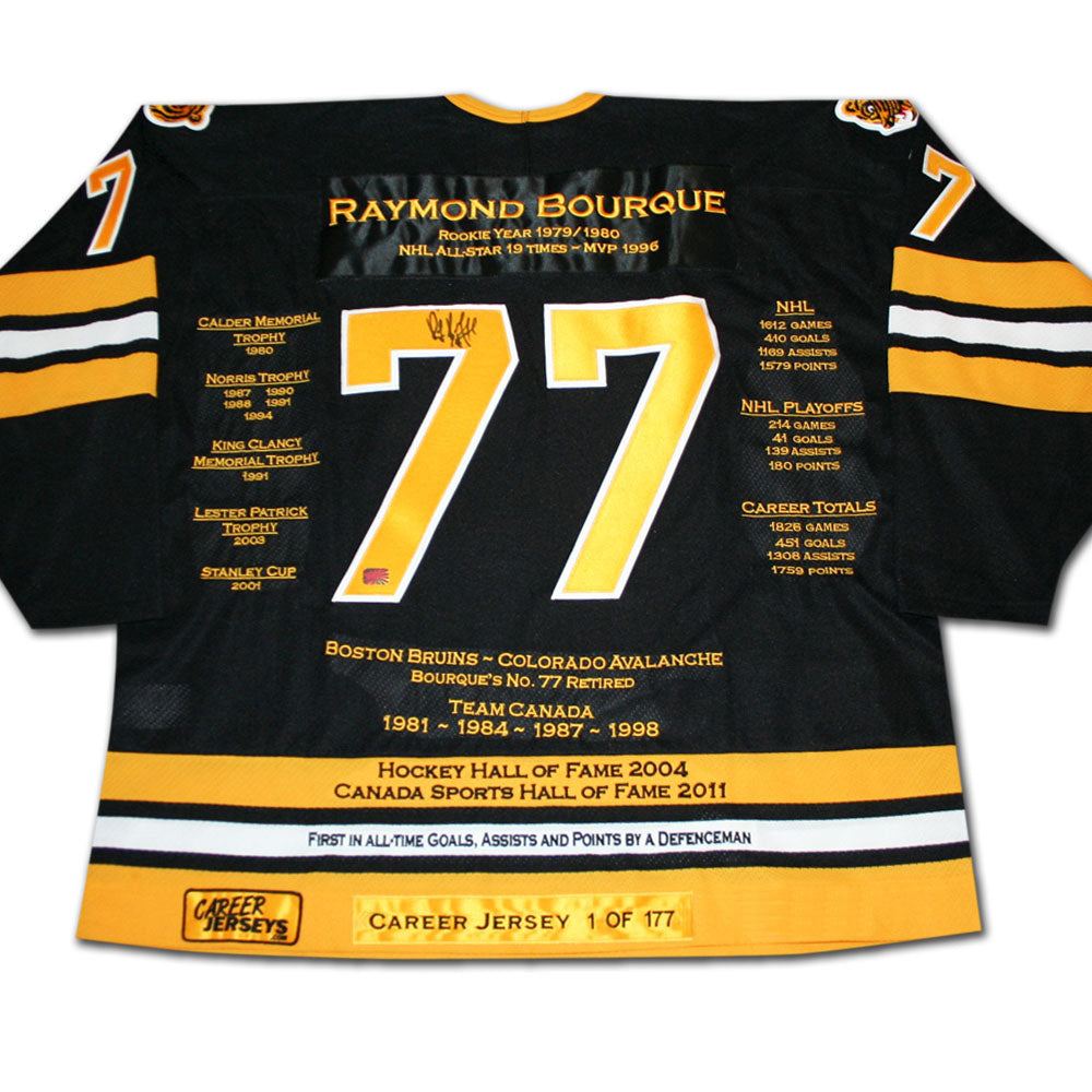 MAILLOT DE CARRIÈRE DE RAYMOND BOURQUE #1 SUR 177 - AUTOGRAPHE - OBJET DE COLLECTION PREMIUM AVEC NUMÉRO DES BOSTON BRUINS (TAILLE L OU XL)