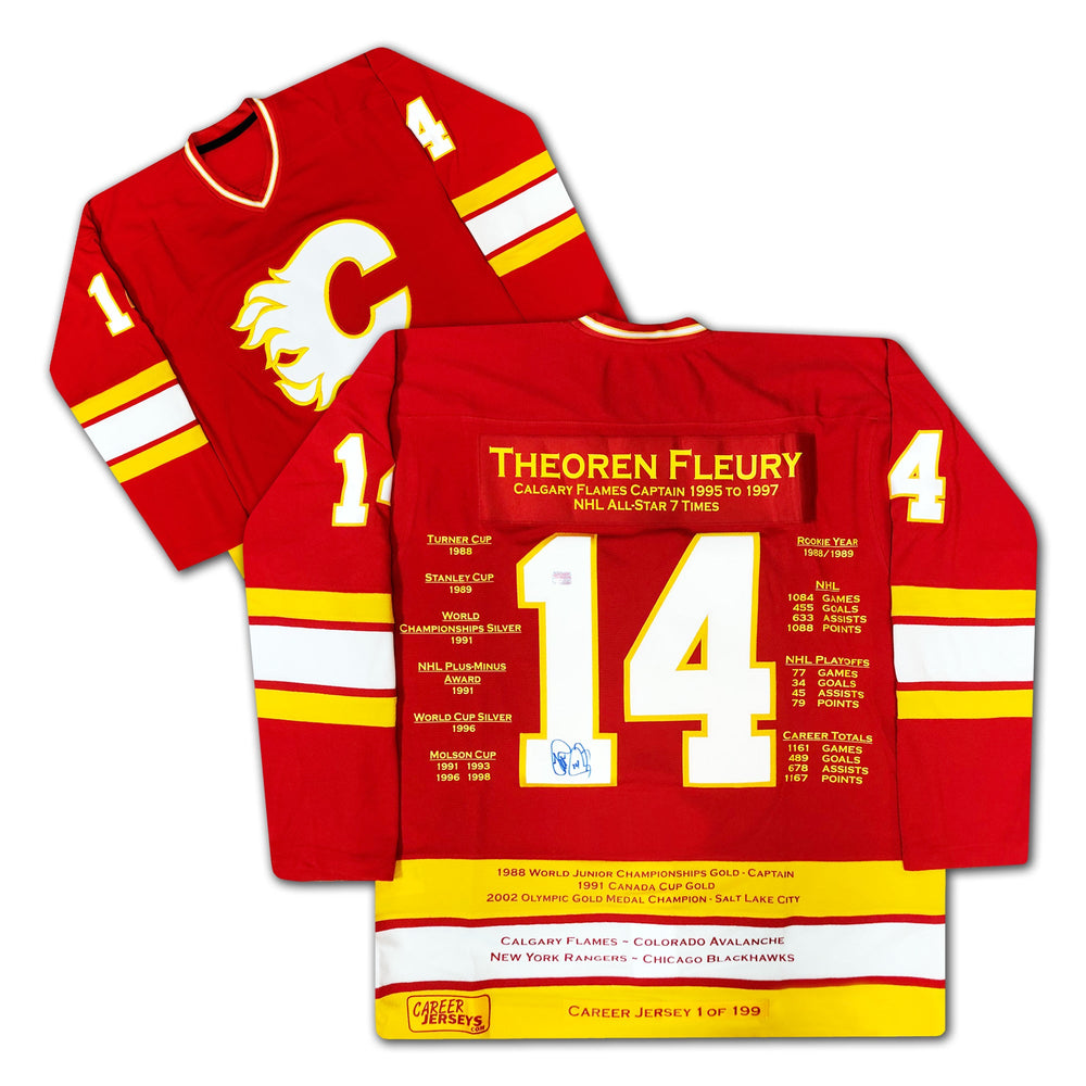 MAILLOT DE CARRIÈRE THEOREN FLEURY #1 SUR 199 - AUTOGRAPHÉ - CALGARY FLAMES - OBJET DE COLLECTION LNH EN ÉDITION LIMITÉE (TAILLE L OU XL)