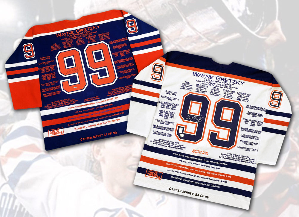 MAILLOTS DE CARRIÈRE DE WAYNE GRETZKY PAIRE ASSORTIE ÉDITION LIMITÉE 84 SUR 99 - ANNÉE DE LA COUPE - COA UPPER DECK - SIGNÉS (TAILLE L OU XL)