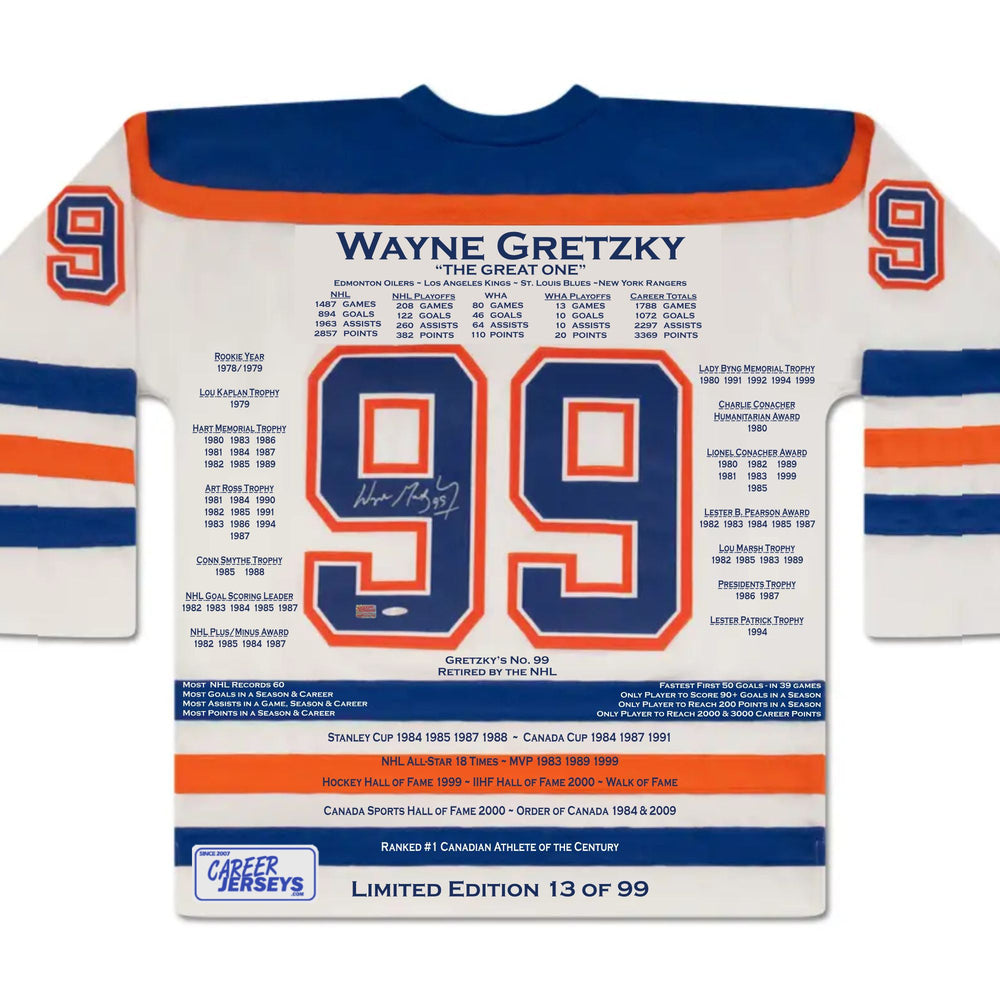 MAILLOT CARRIÈRE DE WAYNE GRETZKY (TAILLE L OU XL) – AUTOGRAPHIÉ – AUTHENTIFIÉ PAR UPPER DECK – ÉDITION LIMITÉE /99 – OBJET DE COLLECTION LÉGENDE DU HOCKEY DES OILERS D'EDMONTON