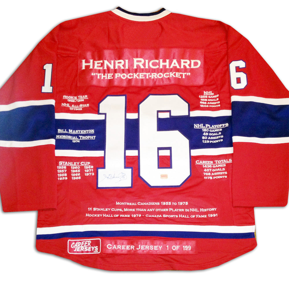 MAILLOT DE CARRIÈRE HENRI RICHARD #1 DE 199 - SOUVENIRS DES CANADIENS DE MONTRÉAL AUTOGRAPHES (TAILLE L OU XL) - ARTICLE DE COLLECTION DE HOCKEY EN ÉDITION LIMITÉE