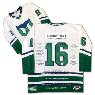 MAILLOT DE CARRIÈRE BOBBY HULL HARTFORD WHALERS ÉDITION BLANCHE – OBJET DE COLLECTION AUTOGRAPHÉ – ÉDITION LIMITÉE /16 – ARTICLE DE COLLECTION OFFICIEL DE LA LNH (TAILLE L OU XL)