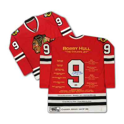 MAILLOT DE CARRIÈRE BOBBY HULL DES BLACKHAWKS DE CHICAGO – OBJET DE COLLECTION AUTOGRAPHÉ – ÉDITION LIMITÉE /399 – SOUVENIRS OFFICIELS DE LA LNH (TAILLE L OU XL)