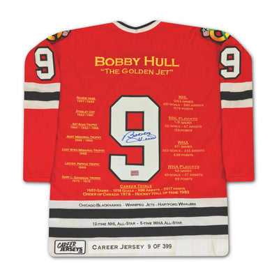 MAILLOT DE CARRIÈRE DE BOBBY HULL AVEC LES BLACKHAWKS DE CHICAGO – ÉDITION LIMITÉE AUTOGRAPHIÉE N° 9 SUR 399 (TAILLE L OU XL) – ARTICLE DE COLLECTION OFFICIEL DE LA LNH