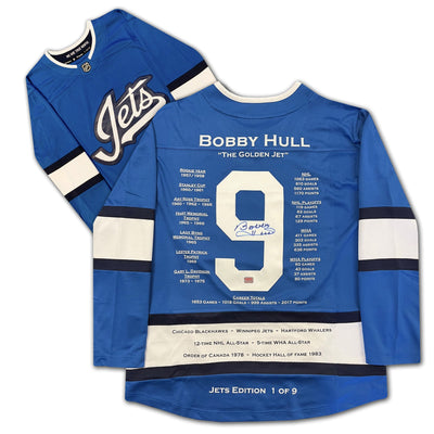 MAILLOT ALTERNATIF BLEU DE CARRIÈRE DES JETS DE WINNIPEG DE BOBBY HULL – ÉDITION LIMITÉE #1 SUR 9 – OBJET DE COLLECTION LNH AUTOGRAPHÉ (TAILLE L OU XL)