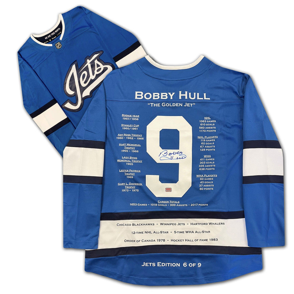 BOBBY HULL WINNIPEG JETS CAREER JERSEY – GOLDEN JET BLUE ALTERNATE – AUTOGRAPHED COLLECTIBLE – LIMITED EDITION /9 – OFFICIAL HOCKEY MEMORABILIA (SIZE L OR XL)