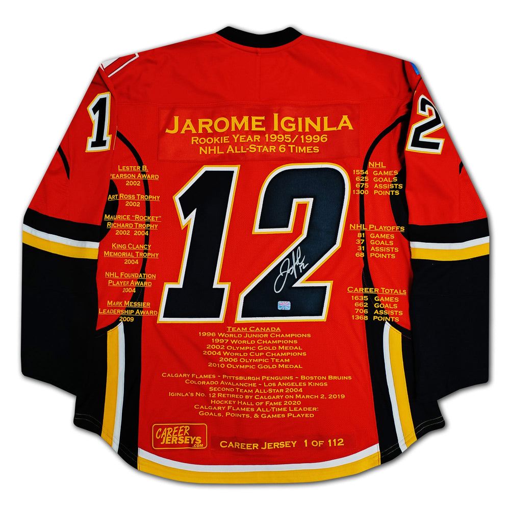 MAILLOT DE CARRIÈRE JAROME IGINLA N°1 SUR 112 - SOUVENIR AUTOGRAPHÉ DES FLAMES DE CALGARY (TAILLE L OU XL) – OBJET DE COLLECTION LNH EN ÉDITION LIMITÉE