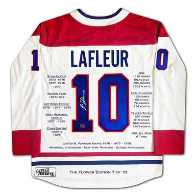 GUY LAFLEUR MONTREAL CANADIENS MAILLOT DE CARRIÈRE – L'ÉDITION BLANCHE « THE FLOWER » – Objet de collection AUTOGRAPHIÉ – ÉDITION LIMITÉE /10 – RARE objet culte de la LNH (TAILLE G OU XL)