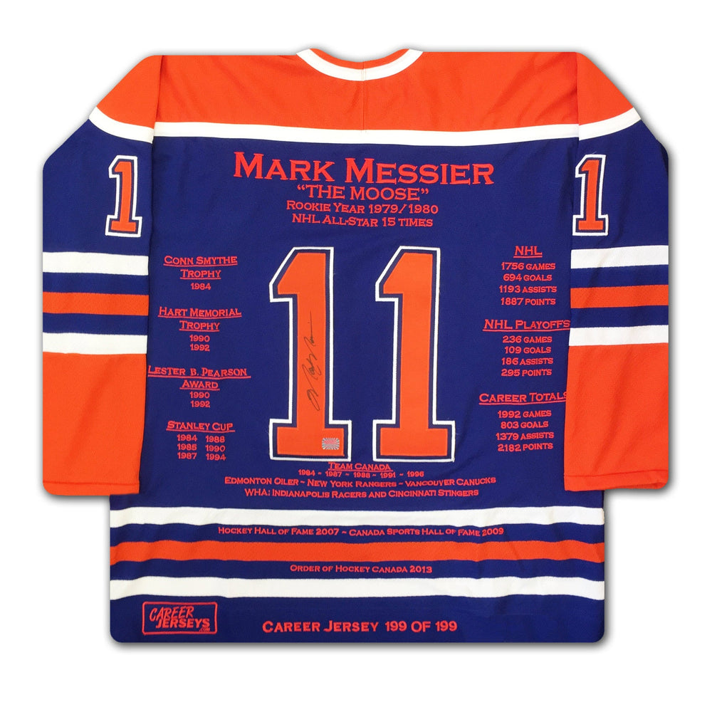 MAILLOT DE CARRIÈRE DE MARK MESSIER N°199 SUR 199 - AUTOGRAPHÉ - OBJET DE COLLECTION DES EDMONTON OILERS (TAILLE L OU XL) – OBJET DE COLLECTION LNH EN ÉDITION LIMITÉE