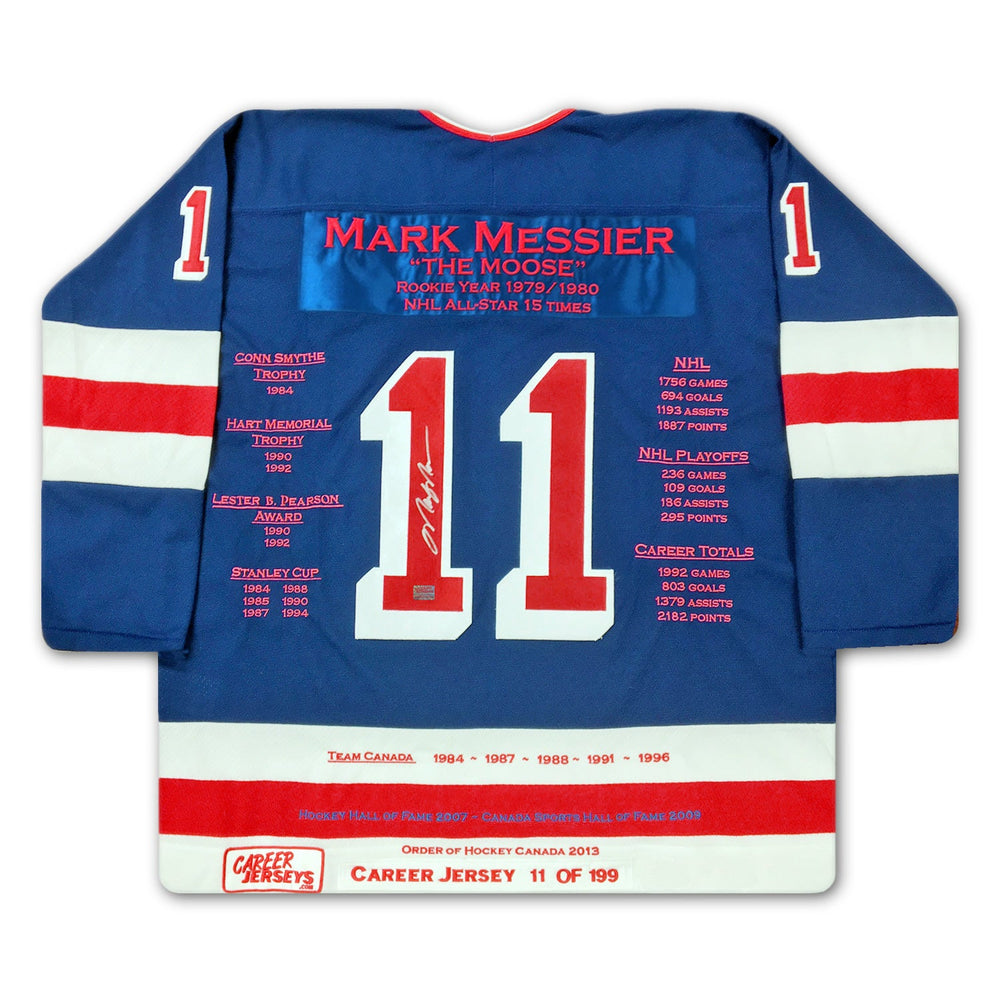 MARK MESSIER NY RANGERS MAILLOT DE CARRIÈRE #11 SUR 199 – AUTOGRAPHIÉ – (TAILLE L OU XL) – OBJET DE COLLECTION LNH EN ÉDITION LIMITÉE