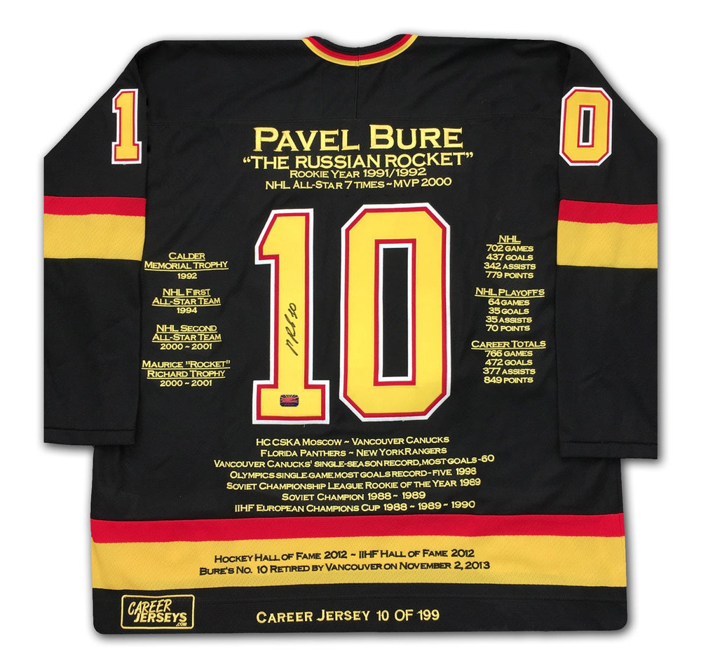 MAILLOT DE CARRIÈRE PAVEL BURE #10 SUR 199 - AUTOGRAPHÉ - VANCOUVER (TAILLE L OU XL) - ARTICLE DE COLLECTION NHL EN ÉDITION LIMITÉE