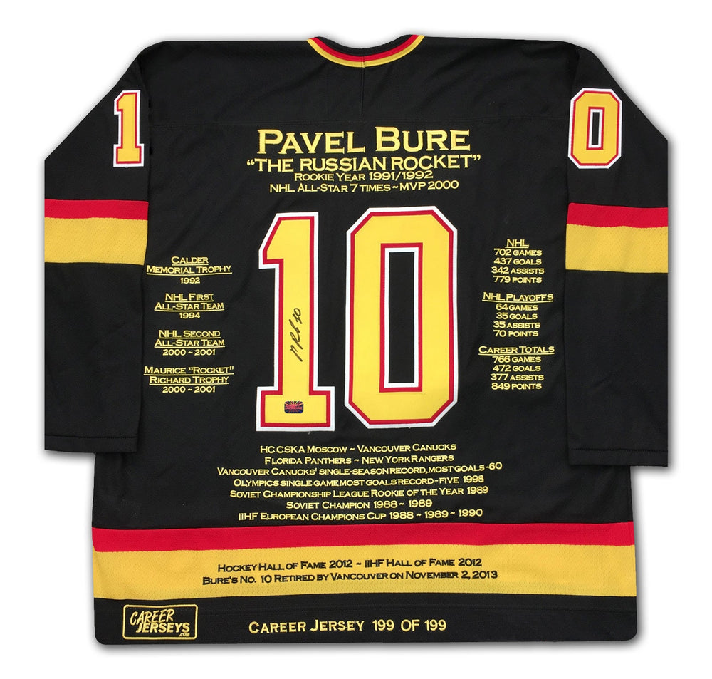 MAILLOT DE CARRIÈRE DE PAVEL BURE #199 SUR 199 - AUTOGRAPHIÉ - VANCOUVER (TAILLE L OU XL) - ARTICLE DE COLLECTION NHL EN ÉDITION LIMITÉE