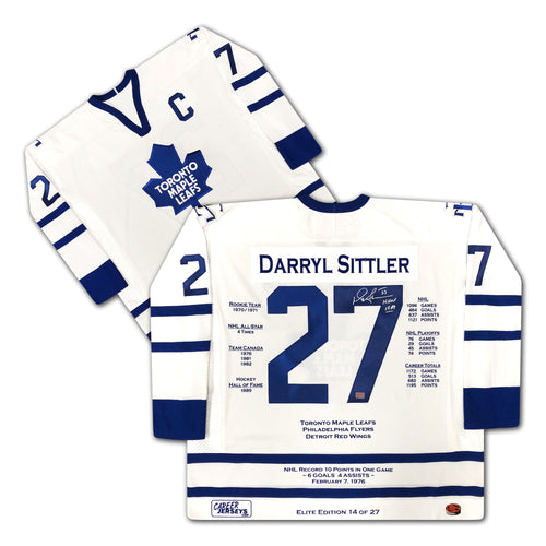 MAILLOT DE CARRIÈRE DE DARRYL SITTLER AVEC LES MAPLE LEAFS DE TORONTO – ÉDITION ÉLITE – OBJET DE COLLECTION AUTOGRAPHÉ – ÉDITION LIMITÉE À /27 EXEMPLAIRES – ARTICLES DE COLLECTION OFFICIELS DE LA LNH (TAILLE L OU XL)