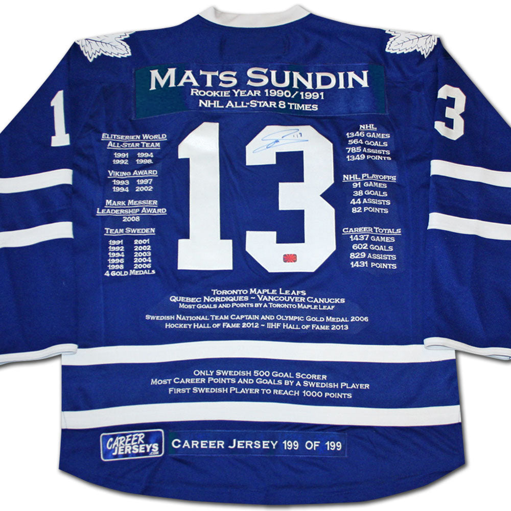 MAILLOT DE CARRIÈRE DE MATS SUNDIN N°199 SUR 199 AUTOGRAPHIE – ARTICLE DE COLLECTION EN ÉDITION LIMITÉE – LÉGENDE DES MAPLE LEAFS DE TORONTO (TAILLE L OU XL)