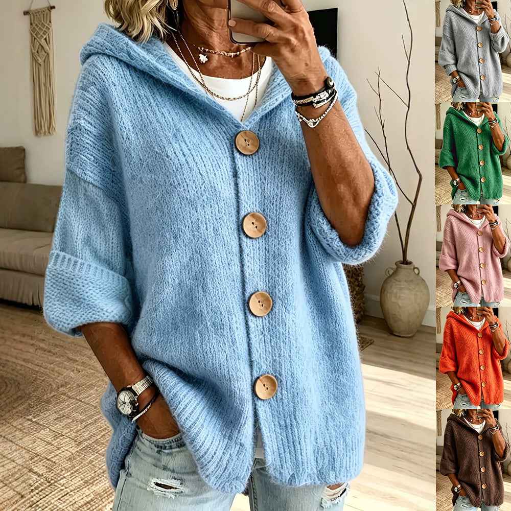 Chandail cardigan à capuchon pour femme, couleur unie, à boutons