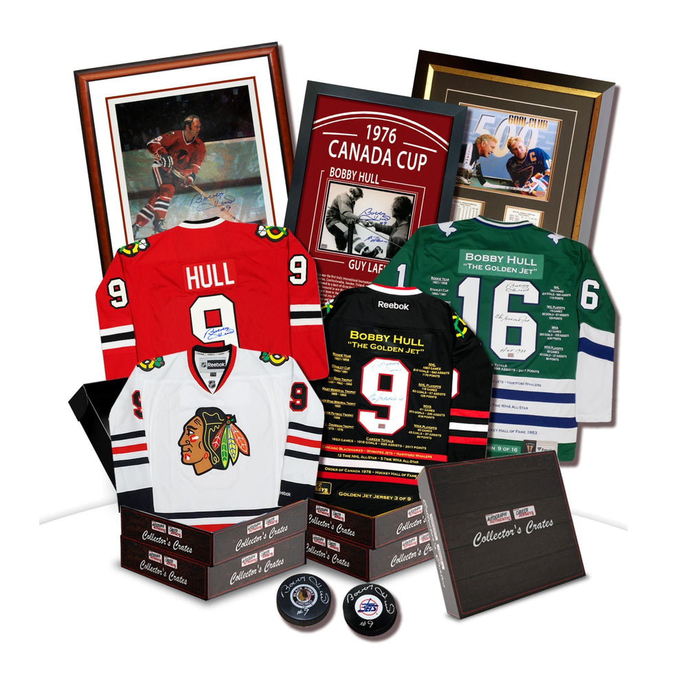 BOÎTE MYSTÈRE DE COLLECTION – SÉRIE DORÉE BOBBY HULL – ÉDITION LIMITÉE /20 OBJETS DE COLLECTION DE HOCKEY AUTOGRAPHÉS
