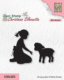Tampon transparent Nellie's Choice Silhouette de Noël - Fille avec agneau